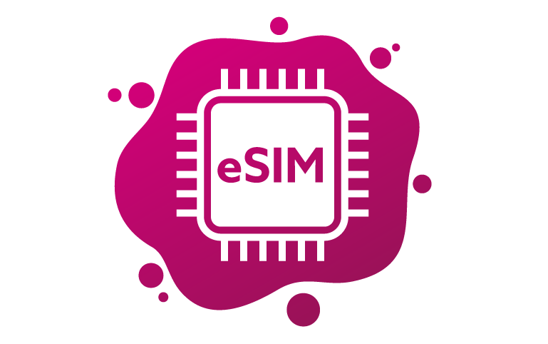 A graphic featuring a stylized microchip with the text 'eSIM' on a vibrant pink background, symbolizing the wireless freedom and advanced technology of eSIM in Australia