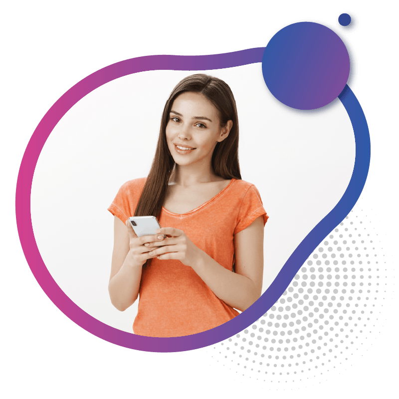 A woman in an orange shirt holds a smartphone, representing the speed and convenience of fast eSIM connectivity in Australia