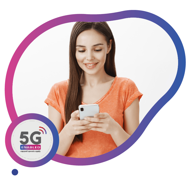 A person in an orange shirt holds a smartphone, with a '5G Enabled' badge in the corner of the image, representing reliable and fast travel connectivity using eSIM technology in Australia